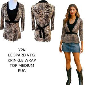 Y2K LEOPARD KRINKLE BOW RIBBON TIE 2000'S VINTAGE BLOUSE TOP MEDIUM‎